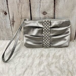 RSVP Charming Charlie Clutch Purse Silver Satin Rhinestone Pearl Wristlet Glam